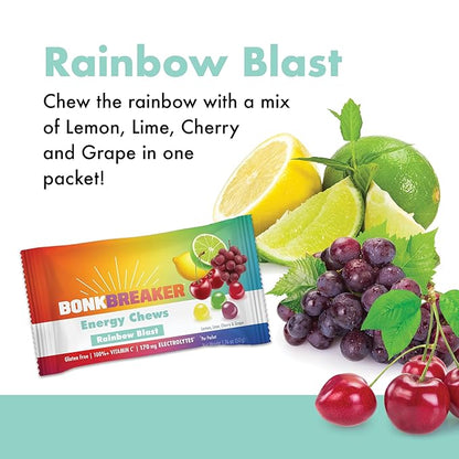 Bonk Breaker Energy Chews, Dairy-Free, Gluten-Free Ingredients to Provide Quick Energy and Focus, 1 Box of 10 Packets, Rainbow Blast
