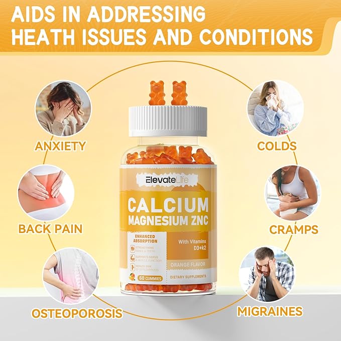 Calcium Magnesium Zinc Gummies with Vitamin D3 & K2 - High Potency Enhanced Absorption -120 Orange Gummies Flavored
