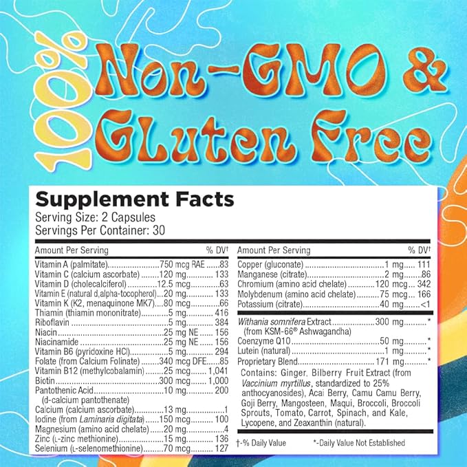 LUV Everyday™ Men's Multivitamin Men's Adult Formula Daily Nutritional Support with Iron Calcium KSM-66 Ashwaganda CoQ10 and Lycopene - Highly Bioavailable Non GMO Gluten Free Vegetarian - 60 Capsules