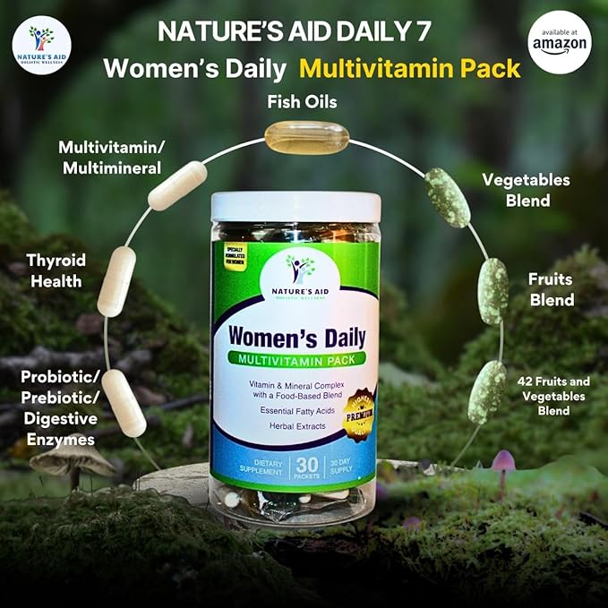 Nature's Aid Holistic Wellness Women's 7 Daily Multivitamin Pack, 30 Packets, Vitamin & Mineral Complex with Food-Based Blend, Essential Fatty Acids, Herbal Extracts