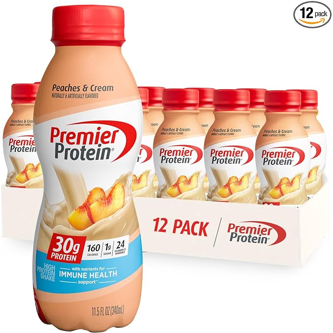 Premier Protein Shake 30g 1g Sugar 24 Vitamins Minerals Nutrients to Support Immune Health, Peaches & Cream, 11.5 Fl Oz (Pack of 12), Total 138 Fl Oz