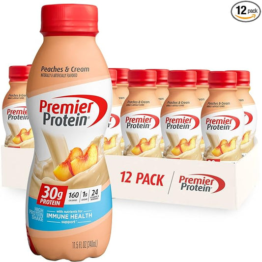 Premier Protein Shake 30g 1g Sugar 24 Vitamins Minerals Nutrients to Support Immune Health, Peaches & Cream, 11.5 Fl Oz (Pack of 12), Total 138 Fl Oz