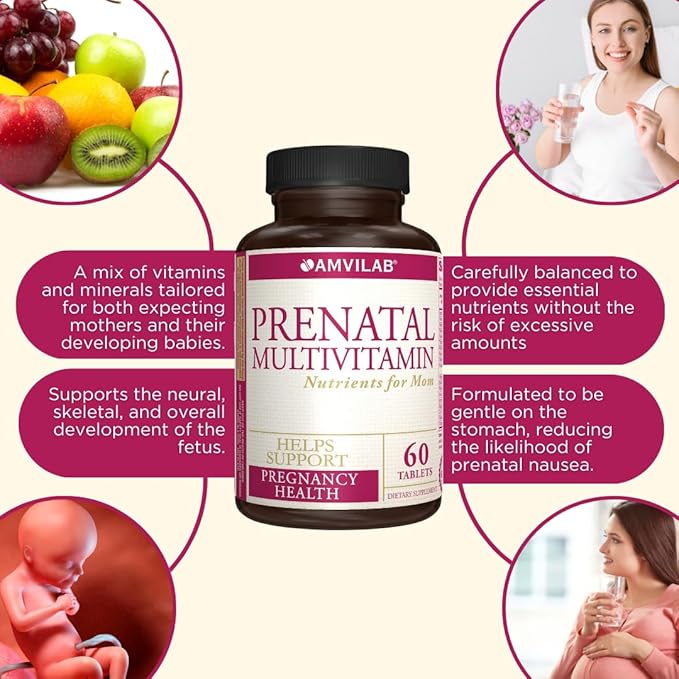 Prenatal Multivitamin - Helps Promote Pregnancy Health - Supports Immune System & Fetal Development - Essential Nutrients for Mom & Baby - Safe Formula - Dietary Supplement - 60 Tablets
