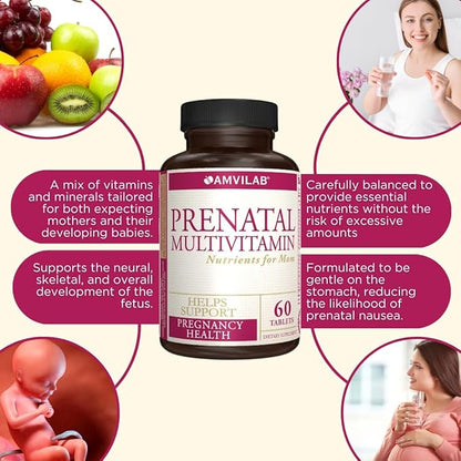 Prenatal Multivitamin - Helps Promote Pregnancy Health - Supports Immune System & Fetal Development - Essential Nutrients for Mom & Baby - Safe Formula - Dietary Supplement - 60 Tablets