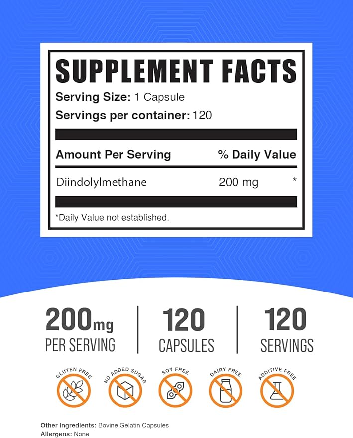 BulkSupplements.com DIM Capsules (Diindolylmethane) - DIM Supplement for Liver Support - Gluten Free, Soy Free Capsules - 200mg per Serving - 4-Month Supply (120 Capsules)