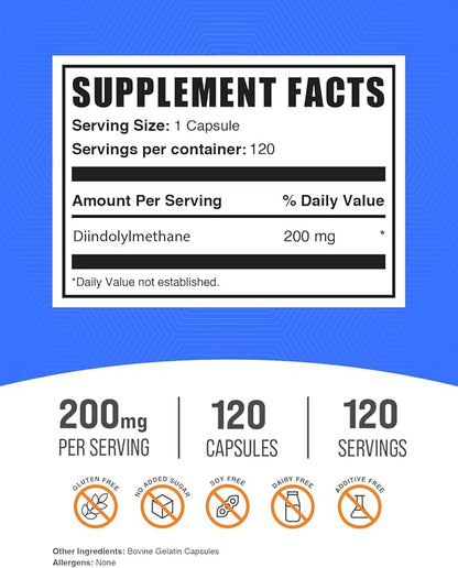 BulkSupplements.com DIM Capsules (Diindolylmethane) - DIM Supplement for Liver Support - Gluten Free, Soy Free Capsules - 200mg per Serving - 4-Month Supply (120 Capsules)
