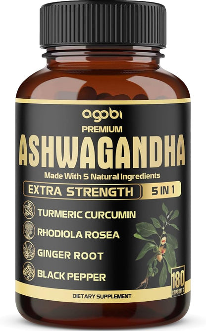 5in1 Premium Ashwagandha Capsules - Added Turmeric, Rhodiola Rosea, Ginger, Black Pepper - Strength, Spirit & Immune Support - 180 Caps for 6 Months