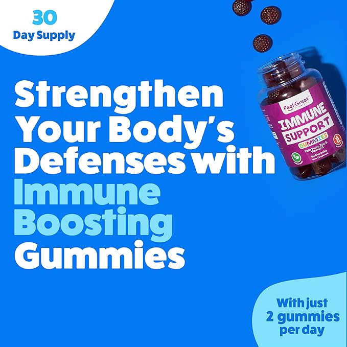 Feel Great Immunity Support Gummies with Elderberry, Zinc and Vitamin C | Sambucus Nigra Supplement | 60 Gummies