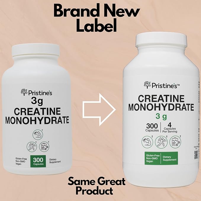PRISTINE'S Creatine Monohydrate Capsules for Women & Men - No Bloat 75 Day Supply 3G Muscle Growth Support Supplement - Cognitive & Athletic Performance Support - Enhanced Recovery