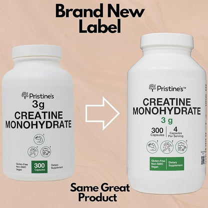 PRISTINE'S Creatine Monohydrate Capsules for Women & Men - No Bloat 75 Day Supply 3G Muscle Growth Support Supplement - Cognitive & Athletic Performance Support - Enhanced Recovery