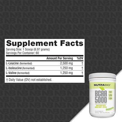 NutraBio BCAA 5000 Powder - Fermented Branched Chain Amino Acids for Muscle Growth & Recovery - Natural Flavors, Sweeteners, and Coloring, Vegan, Gluten Free - Lemonade, 60 Servings