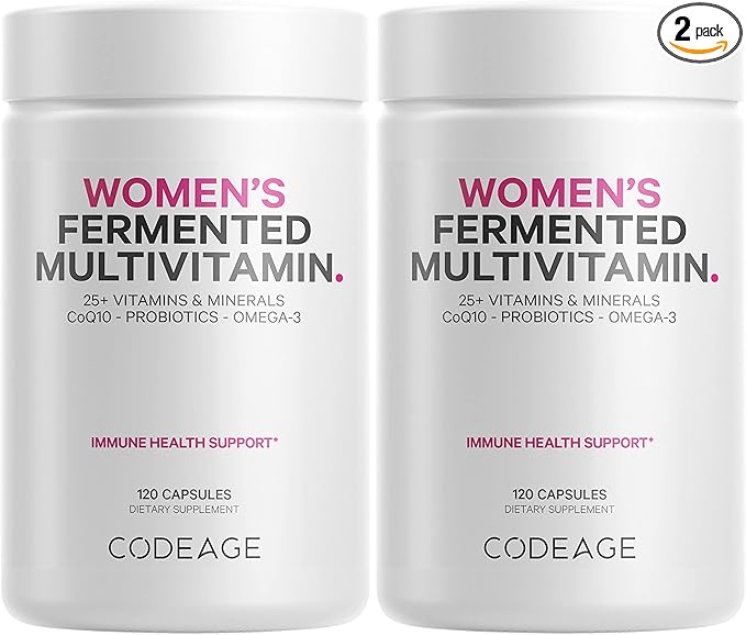Codeage Women’s Daily Multivitamin, 25+ Vitamins & Minerals, Fermented, Organic Whole Foods, Probiotics Supplement - Vitamin A, Vitamin B, Vitamins C, D, E & K, Omega 3, Zinc – Vegan - 2 Pack