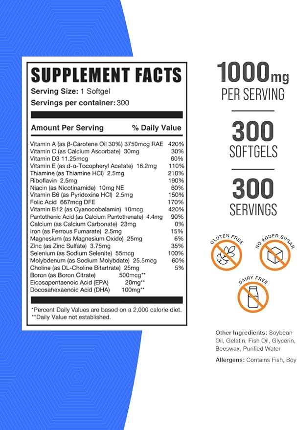 BulkSupplements.com Multivitamin Softgels - Daily Multivitamin, Multimineral Supplement, Multivitamin for Adults wit Fish Oil - Gluten Free, 1 Softgel per Serving, 300 Count (Pack of 1)