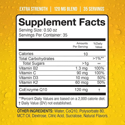 Liquid CoQ10 120mg of Bioavailable Ubiquinone for Superior Absorption. Support Heart, Bone, and Skin Health with a Natural Antioxidant. 35 Servings in a Convenient 17 oz Bottle.
