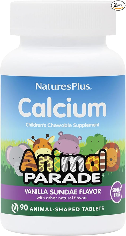 NaturesPlus Animal Parade Sugar-Free Children's Calcium, Vanilla Sundae Flavor - 90 Chewable Animal Shaped Tablets, Pack of 2 - Magnesium for Bone Health - Gluten Free - 90 Servings