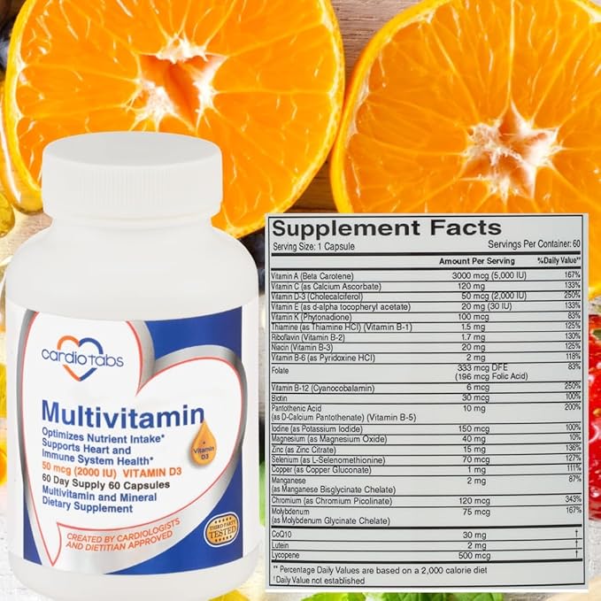 Multivitamin - Heart and Immunity Supplements For Men & Women, Multivitamin for Men & Women, with Minerals B-Vitamin Complex, Vitamins A, C, E, K and 2000 IU Vitamin D3, 60-Count Bottle