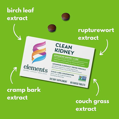 Elements Clean Kidney, 60 Tablets (30 Day Supply), Advanced Kidney Care Supplement, Supports Kidney and Urinary Tract Health and Normal Kidney Function, Gluten Free,