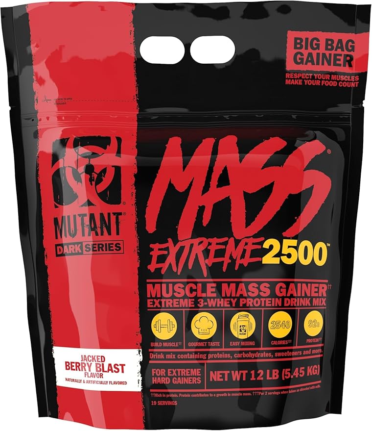 Mutant Mass Extreme Gainer – Whey Protein Powder – Build Muscle Size and Strength – High Density Clean Calories (Jacked Berry Blast, 12 lbs)
