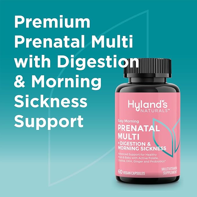 Hyland's Easy Morning Prenatal Multivitamin + Digestive Health & Morning Sickness Relief - 60 Vegan Capsules - with Folate, Choline, Zinc, Ginger Root, Prebiotics and Algae DHA