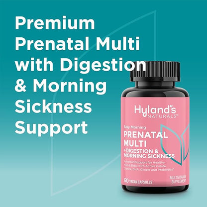 Hyland's Easy Morning Prenatal Multivitamin + Digestive Health & Morning Sickness Relief - 60 Vegan Capsules - with Folate, Choline, Zinc, Ginger Root, Prebiotics and Algae DHA (Pack of 2)