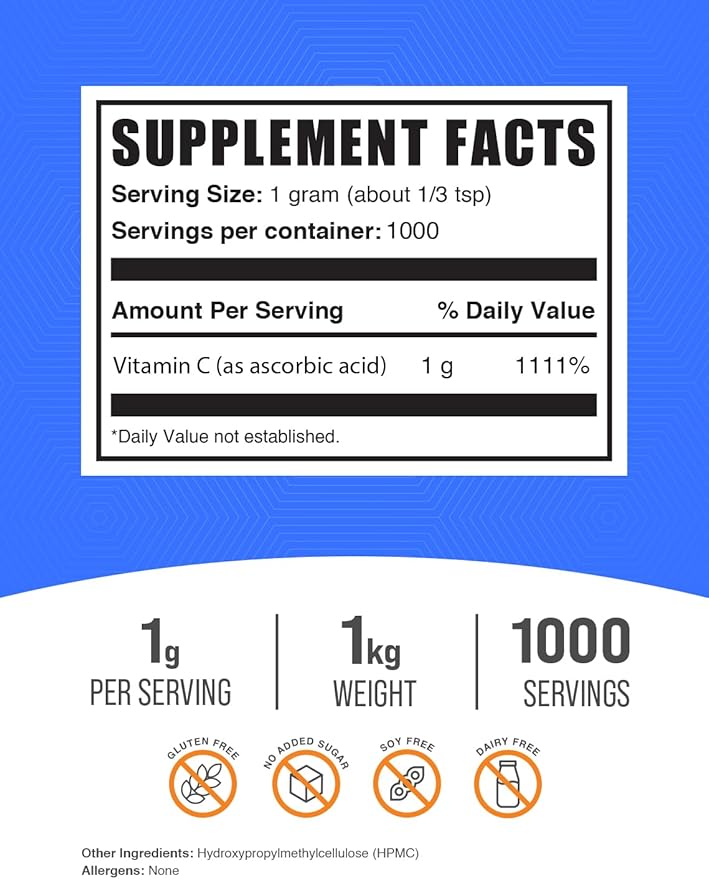 BulkSupplements.com Ascorbic Acid Powder - Vitamin C Supplement, Ascorbic Acid Food Grade - Powdered Vitamin C, Immune Support - Gluten Free, 1g per Serving, 1kg (2.2 lbs) (Pack of 1)