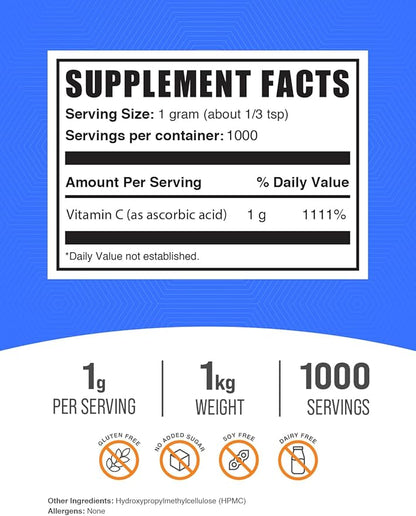 BulkSupplements.com Ascorbic Acid Powder - Vitamin C Supplement, Ascorbic Acid Food Grade - Powdered Vitamin C, Immune Support - Gluten Free, 1g per Serving, 1kg (2.2 lbs) (Pack of 1)