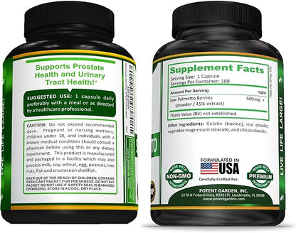 Potent Garden Saw Palmetto 500 mg - Prostate Supplements for Men - Supports Healthy Urination Frequency & Flow - Non GMO, 100 Saw Palmetto Capsules