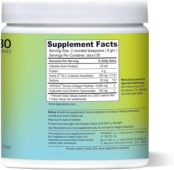 Sparkle Wellness Skin Boost Plus (No Flavor) [30-Serves] | Collagen Powder Supplement with VERISOL Bioactive Hydrolyzed Collagen Peptides, Vitamin C & Hyaluronic Acid to Improve Skin Elasticity