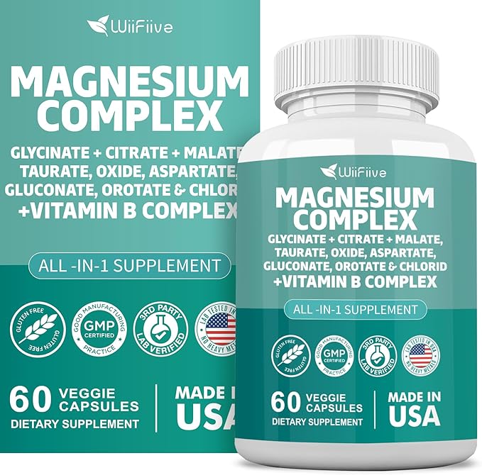 Magnesium Complex Supplement, Clycinate 141mg Oxide 228mg Malate 58.5mg Citrate 62.4mg with Orotate Glycina Taurate Chloride Aspartate Gluconate Vitamin B, Max Absorption, Gluten-Free, Non-GMO