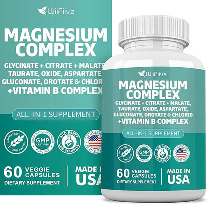 Magnesium Complex Supplement, Clycinate 141mg Oxide 228mg Malate 58.5mg Citrate 62.4mg with Orotate Glycina Taurate Chloride Aspartate Gluconate Vitamin B, Max Absorption, Gluten-Free, Non-GMO
