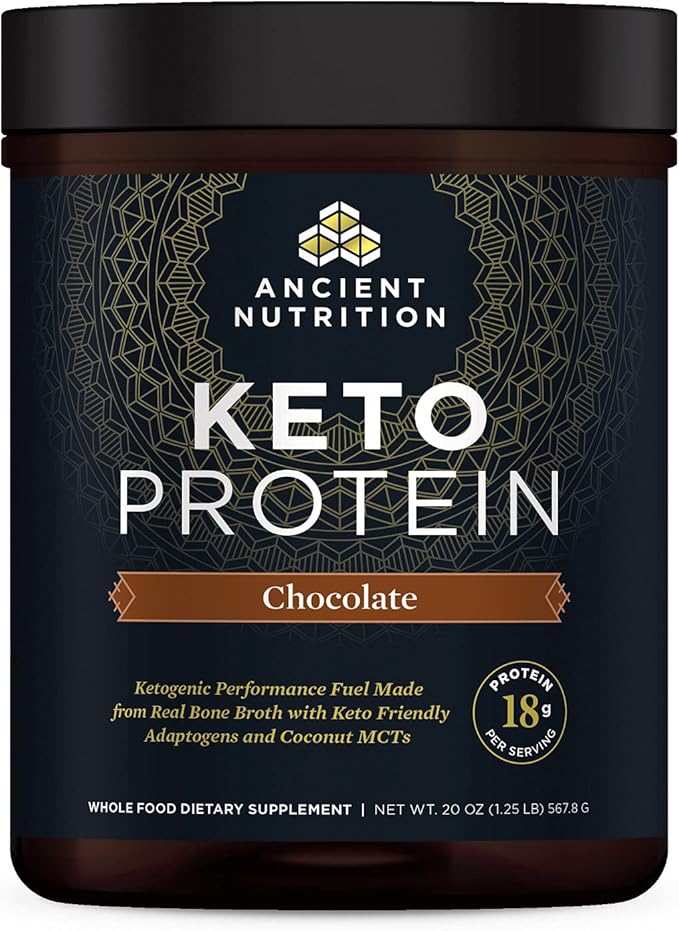 Ancient Nutrition Keto Protein Powder, KetoPROTEIN with Fats from Bone Broth and MCT Oil, Chocolate, 18g Protein 10g Fat Per Serving, Gluten Free, Low Carb, Paleo Friendly, 17 Servings