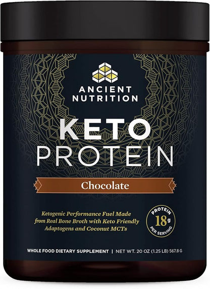 Ancient Nutrition Keto Protein Powder, KetoPROTEIN with Fats from Bone Broth and MCT Oil, Chocolate, 18g Protein 10g Fat Per Serving, Gluten Free, Low Carb, Paleo Friendly, 17 Servings