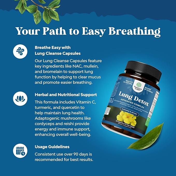 Lung Detox Mullein Leaf Capsules - Purifying Mullein Lung Cleanse Complex with NAC Quercetin & Cordyceps Extracts - Mullein Leaf Herb Respiratory Supplement for Sinus Immunity & Breathing Support 30ct