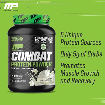 MusclePharm Combat Protein Powder, Vanilla Flavor, Fuels Muscles for Productive Workouts, 5 Protein Sources Including Whey Protein Isolate & Egg Albumin, Gluten Free, 2 lb, 26 Servings
