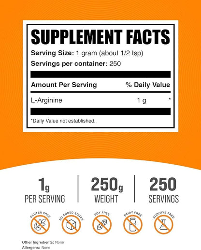 BulkSupplements.com L-Arginine Powder - Arginine 1000mg, Arginine Supplement - Nitric Oxide Supplement, Unflavored & Gluten Free, 1000mg per Serving, 250g (8.8 oz) (Pack of 1)