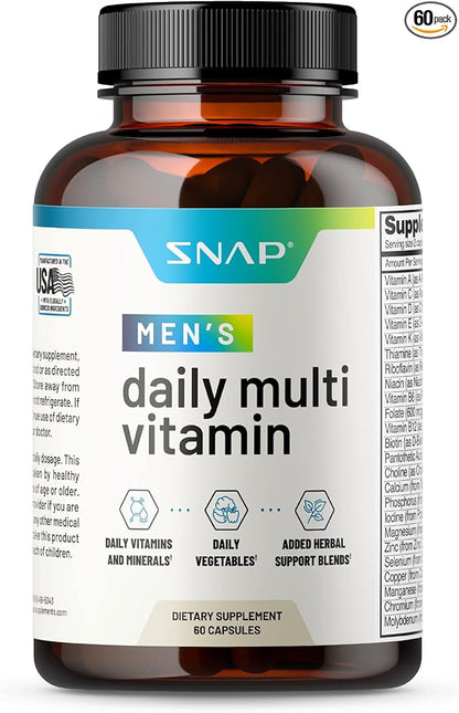 Snap Supplements Men's Multivitamins - Daily Vitamins & Minerals for Men - Vitamin D, B12, Zinc, Herbs & Vitamin C for Energy & Immune Support, Multivitamin for Men, 60 Capsules