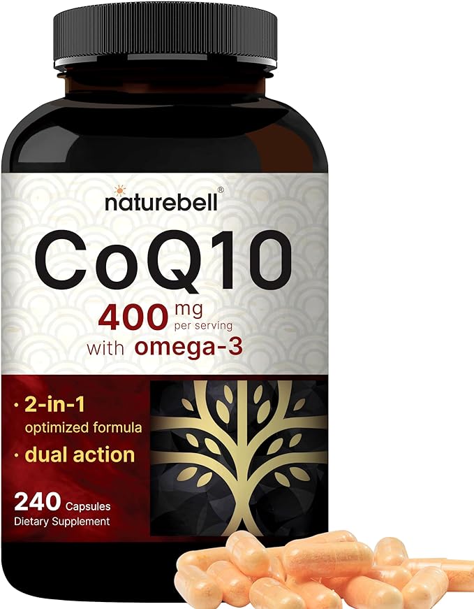 NatureBell CoQ10 400mg with Omega 3 Fatty Acids, 240 Capsules | Stable High Absorption Form – Antioxidant Support for Heart & Energy Health – Extra Strength Coenzyme Q10 Supplement