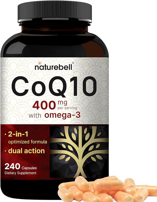 NatureBell CoQ10 400mg with Omega 3 Fatty Acids, 240 Capsules | Stable High Absorption Form – Antioxidant Support for Heart & Energy Health – Extra Strength Coenzyme Q10 Supplement