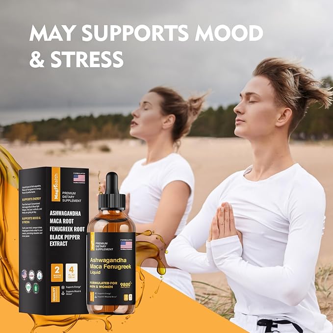 Ashwagandha Maca Fenugreek Extracts - Supports Energy & Focus - Liquid Supplement for Men & Women - 60 Day Servings, Vegan Drops (4 oz)