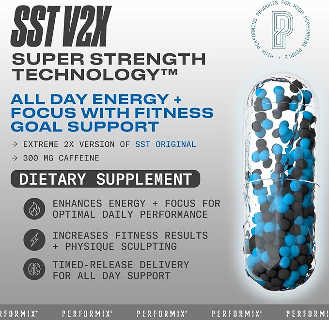 PERFORMIX - SST V2X - Pre Workout - 300 mg Caffeine - Energy Supplements - No Crash - Fitness Goals - Nootropic - Timed-Release for All Day Focus, Mood & Energy Boost - Men & Women - 2 Capsules
