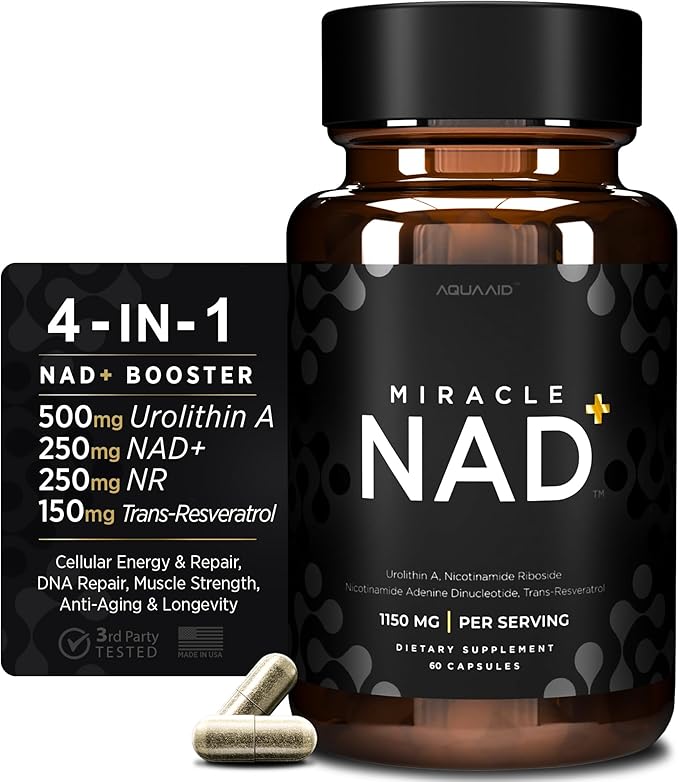 Miracle NAD with Urolithin A Supplement, Nicotinamide Adenine Dinucleotide NAD+, Nicotinamide Riboside NR, Trans Resveratrol for Men and Women - Anti Aging, Cellular Energy - 60 Capsules
