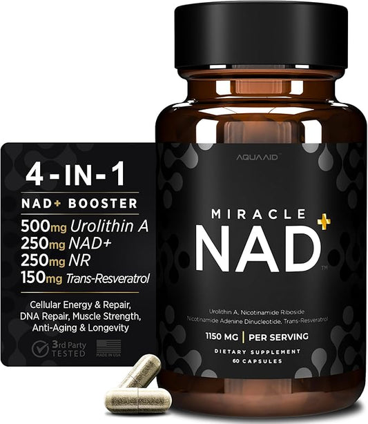 Miracle NAD with Urolithin A Supplement, Nicotinamide Adenine Dinucleotide NAD+, Nicotinamide Riboside NR, Trans Resveratrol for Men and Women - Anti Aging, Cellular Energy - 60 Capsules
