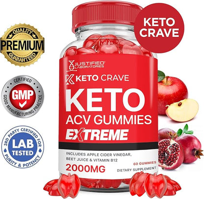 Keto Crave Keto ACV Gummies Extreme 2000MG Keto Crave Keto Gummies Advanced Formula Apple Cider Vinegar with Pomegranate Beet Juice Powder B12 Vegan Non GMO 60 Gummys