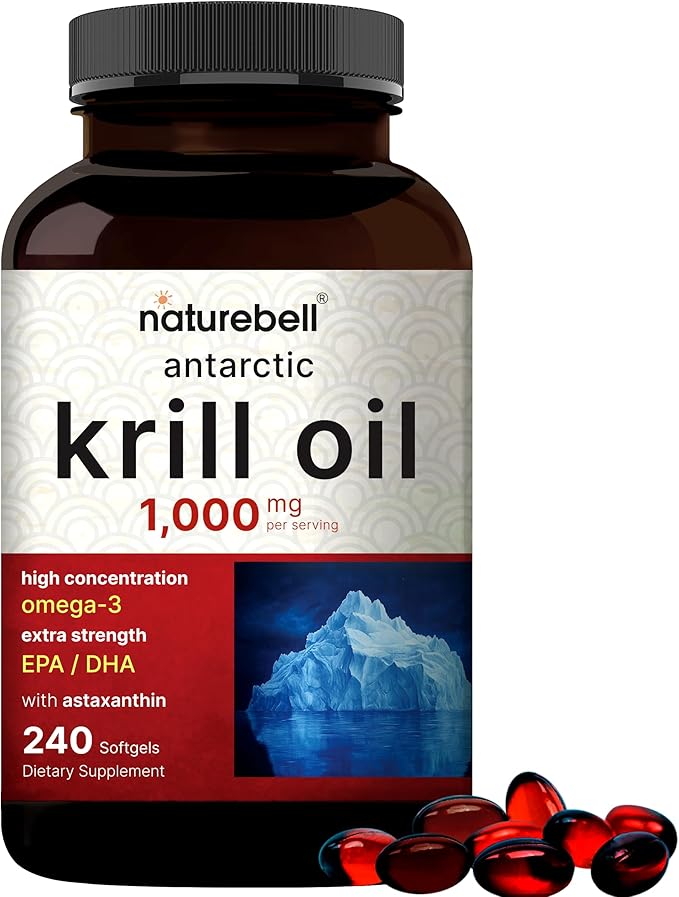 NatureBell Antarctic Krill Oil 1000mg Supplement, 240 Softgels, Natural Source of Omega-3s, EPA, DHA and Astaxanthin - No Aftertaste - Support Heart Health, Mercury Free & Non-GMO