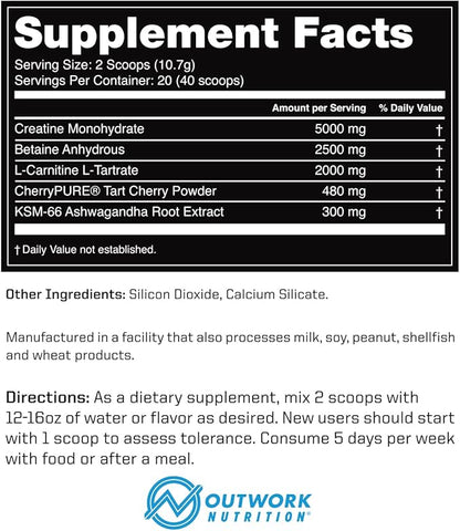 Outwork Nutrition Recovery Supplement, Post Workout Recovery Powder & Muscle Builder for Men and Women, Recharge Muscles After Gym, Backed by Science, 240 Gr (Unflavored)