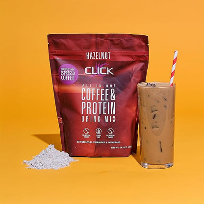 Click Coffee Protein Powder | Double Shot Espresso | 16g Protein | 23 Essential Vitamins | Low Calorie Meal Replacement | 150mg Caffeine | Gluten Free | No Artificial Flavors or Colors | Hazelnut