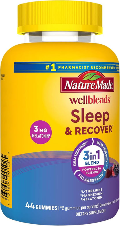 Nature Made Wellblends Sleep and Recover, Sleep Aid with Melatonin 3mg to Support Restful Sleep, plus L theanine 200mg and Magnesium Citrate, 44 Gummies