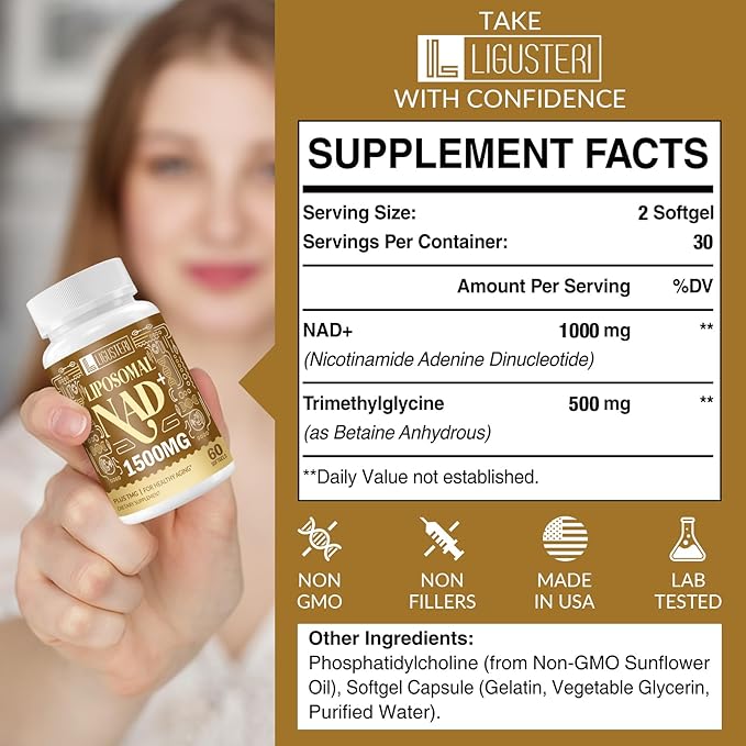 NAD Supplement 1500MG, Liposomal NAD+ Supplement with TMG, 98%+ Absorption, Pure NAD Plus, Non-GMO Aging Defense, Cellular Energy, Heart & Brain Function, Longevity, 360 Softgels