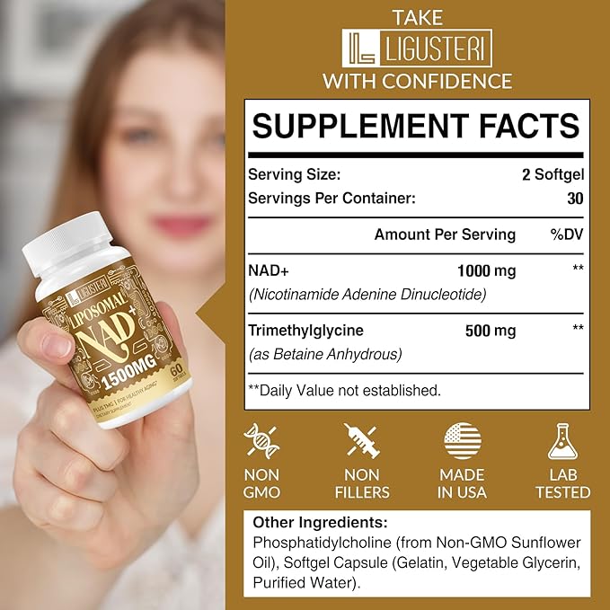 NAD Supplement 1500MG, Liposomal NAD+ Supplement with TMG, 98%+ Absorption, Pure NAD Plus, Non-GMO Aging Defense, Cellular Energy, Heart & Brain Function, Longevity, 60 Softgels