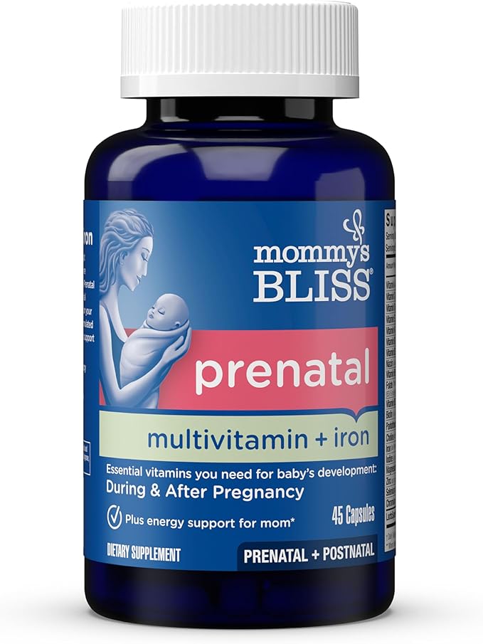 Mommy's Bliss Prenatal Multivitamin with Iron and Folic Acid, Supports Baby Development + Mom Immune System & Energy Levels w/ B Vitamins & Probiotics, Vegan & Gluten Free (45 Servings)